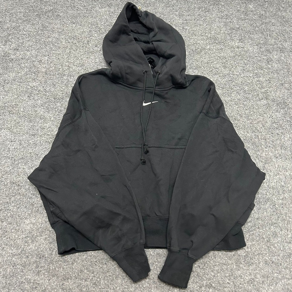 Nike Hoodie Womens Size S Black Cropped Center Swoosh Relaxed Fleece Pullover